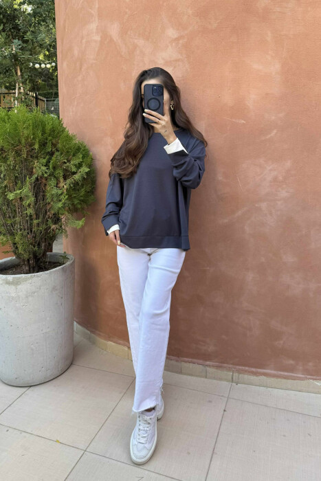 ONE COLOR SIMPLE WOMEN SWEATSHIRT DARK GREY/GEE - 2