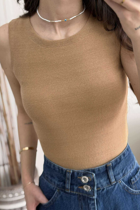 ONE COLOR SIMPLE WOMEN TANK TOP DARK BEIGE/BEZHE ERRET - 3