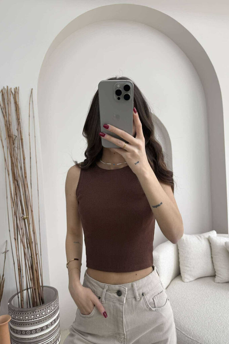 ONE COLOR SIMPLE WOMEN TANK TOP DARK BROWN/KAE - 2