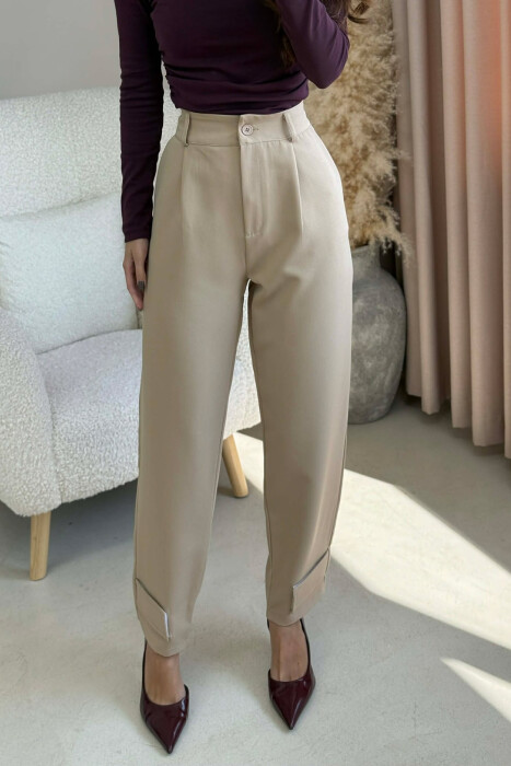 ONE COLOR SIMPLE WOMEN TROUSERS BEIGE/BEZHE - KLAUDIO FASHION