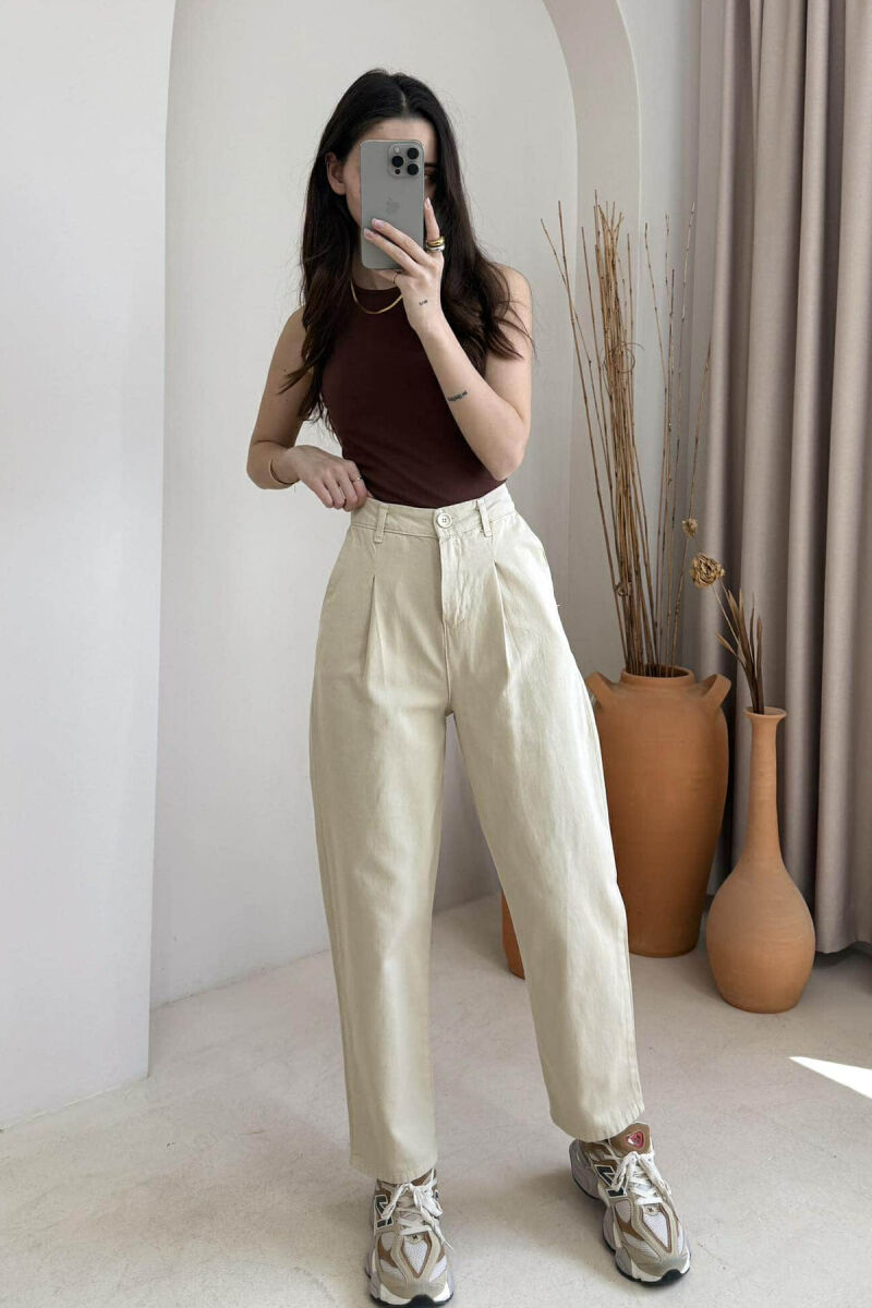 ONE COLOR SIMPLE WOMEN TROUSERS BEIGE/BEZHE - 1
