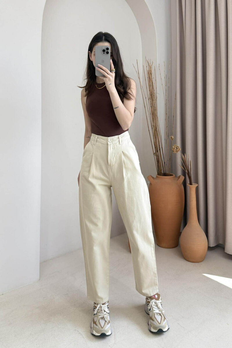 ONE COLOR SIMPLE WOMEN TROUSERS BEIGE/BEZHE - 2