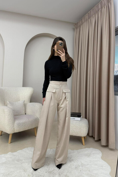 ONE COLOR SIMPLE WOMEN TROUSERS BEIGE/BEZHE - 2