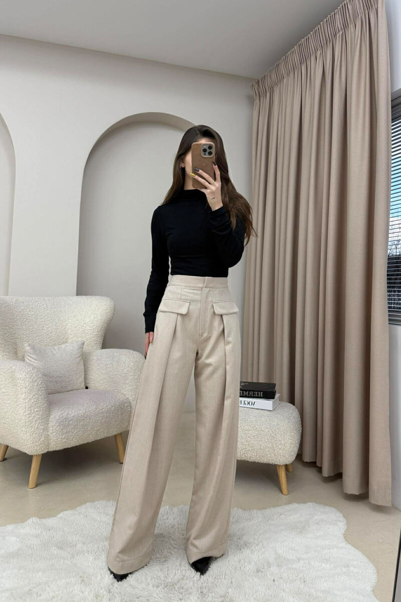 ONE COLOR SIMPLE WOMEN TROUSERS BEIGE/BEZHE - 2