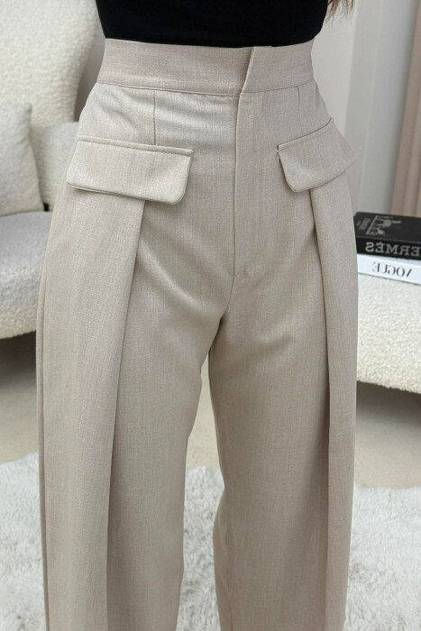 ONE COLOR SIMPLE WOMEN TROUSERS BEIGE/BEZHE - 3