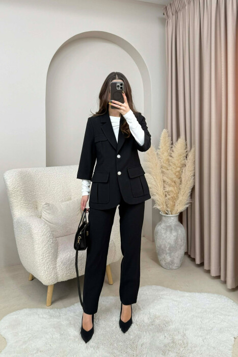 ONE COLOR SIMPLE JACKET+ TROUSERS WOMEN SET BLACK/ E ZEZE 