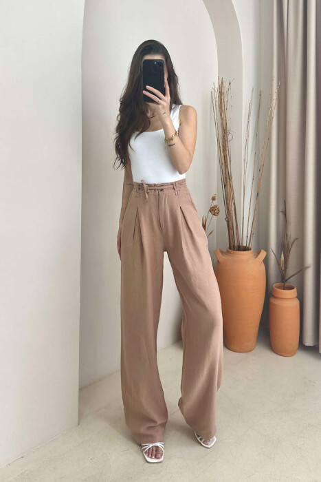 ONE COLOR SIMPLE WOMEN TROUSERS LIGHT BROWN/KAZB - 4