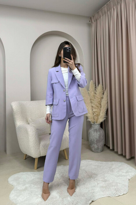 ONE COLOR SIMPLE JACKET+ TROUSERS WOMEN SET PURPLE/LEJLA - KLAUDIO FASHION
