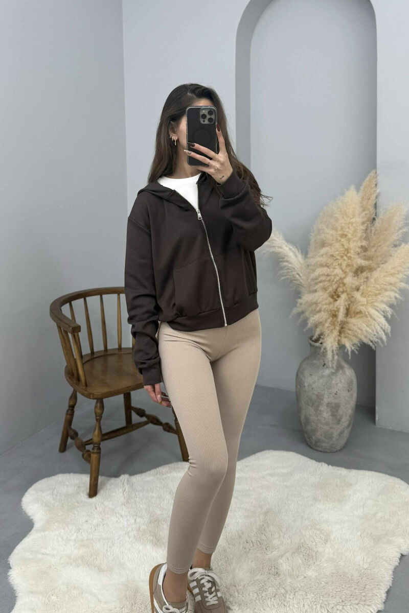 ONE COLOR SIMPLE ZIPPER HOODED WOMEN JACKET BROWN/KAFE - 1