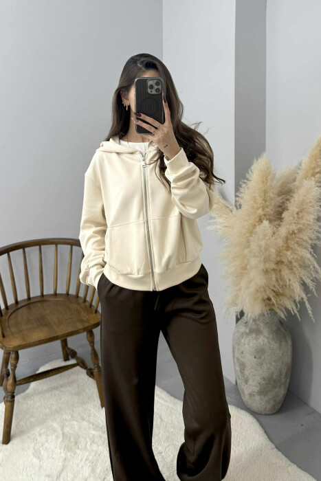 ONE COLOR SIMPLE ZIPPER HOODED WOMEN JACKET CREAM/KREM 