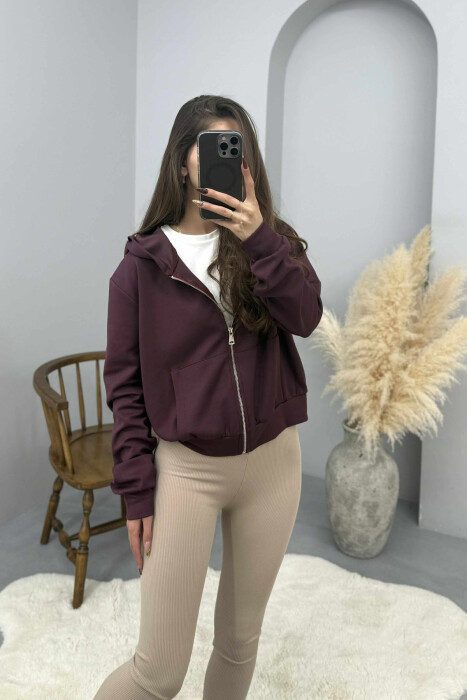 ONE COLOR SIMPLE ZIPPER HOODED WOMEN JACKET DARK BURGUNDY/VISHNJE E ERRET - 2