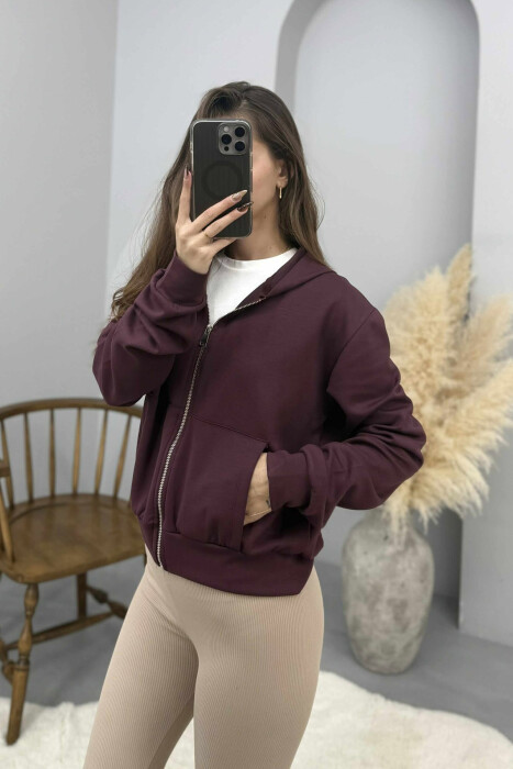 ONE COLOR SIMPLE ZIPPER HOODED WOMEN JACKET DARK BURGUNDY/VISHNJE E ERRET - 3