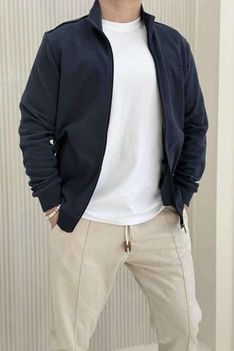 ONE COLOR SIMPLE ZIPPER MEN JACKET DARK BLUE/BEE - 5
