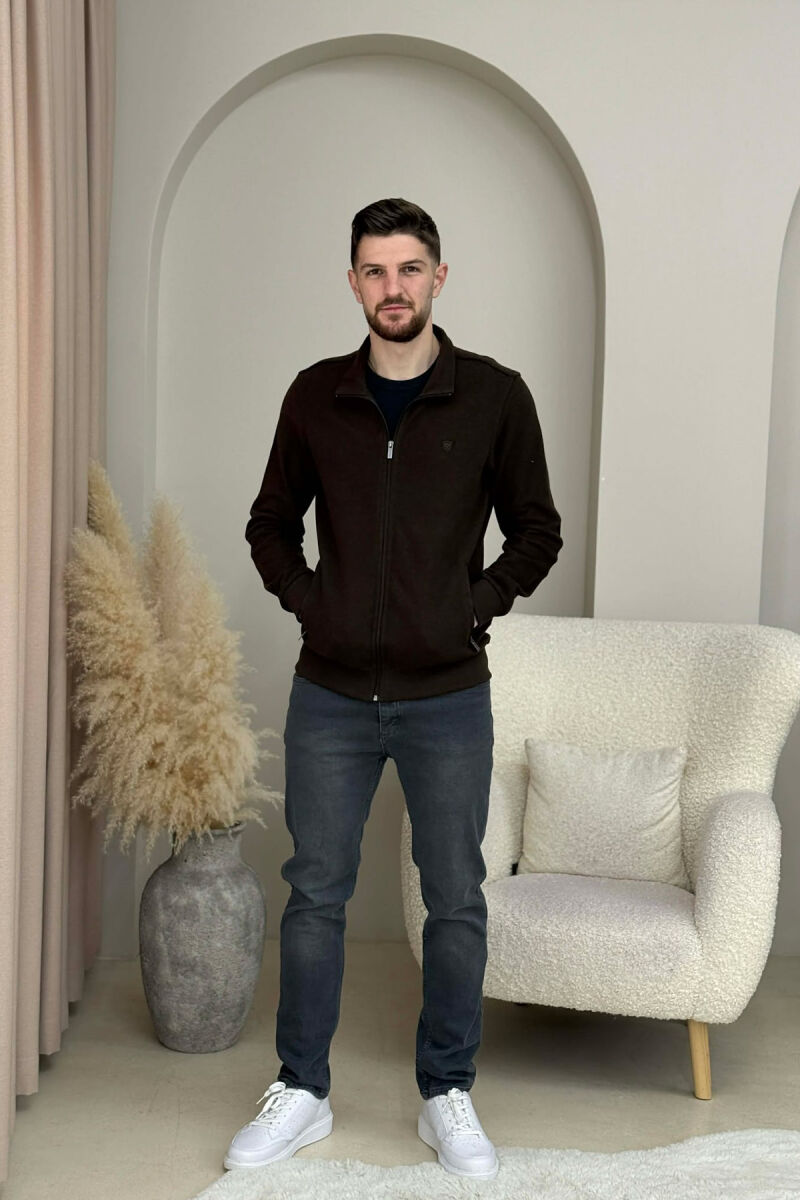 ONE COLOR SIMPLE ZIPPER MEN JACKET DARK BROWN/KAE - 2