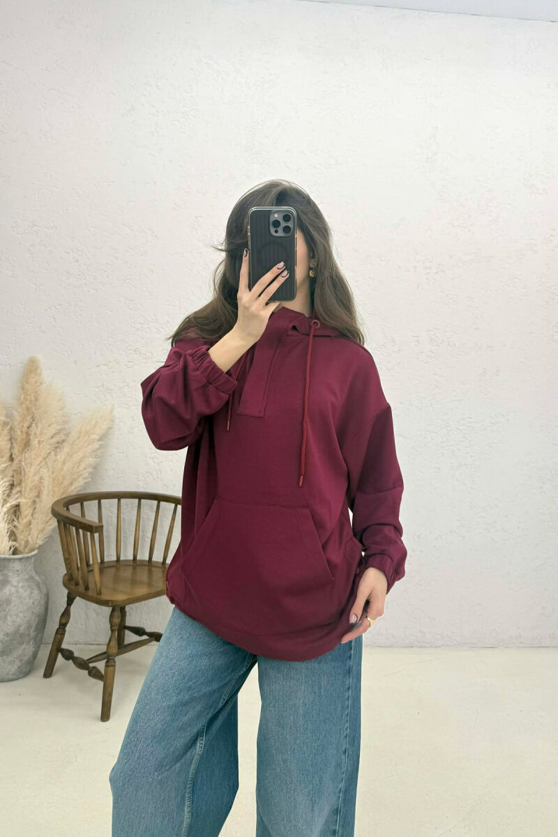 ONE COLOR SIMPLE ZIPPER NECK WOMEN HOODIE BURGUNDY/VISHNJE - 1