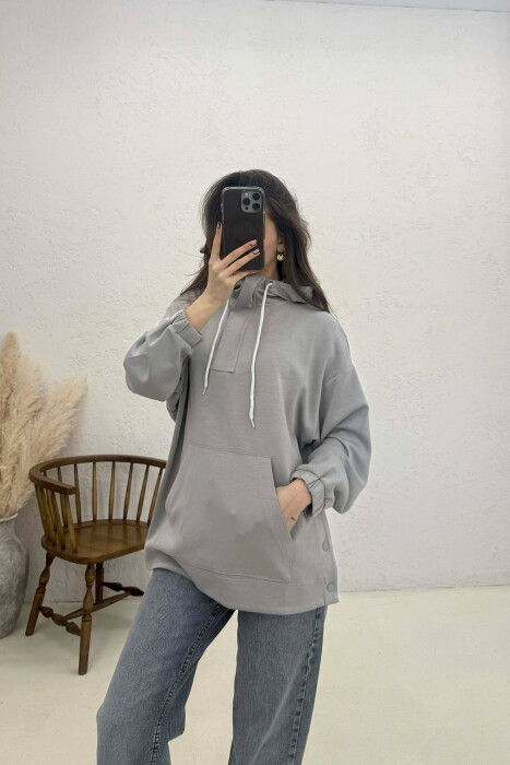 ONE COLOR SIMPLE ZIPPER NECK WOMEN HOODIE GREY/GRI - KLAUDIO FASHION