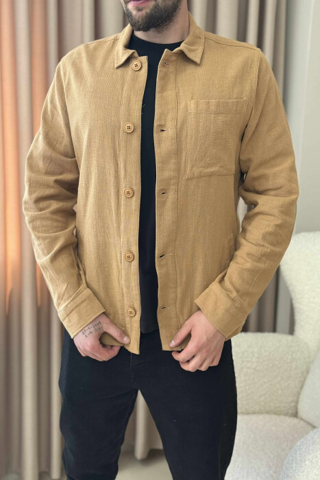 ONE COLOR SINGLE POCKET BUTTONED MEN JACKET LIGHT BROWN/KAZB - 2