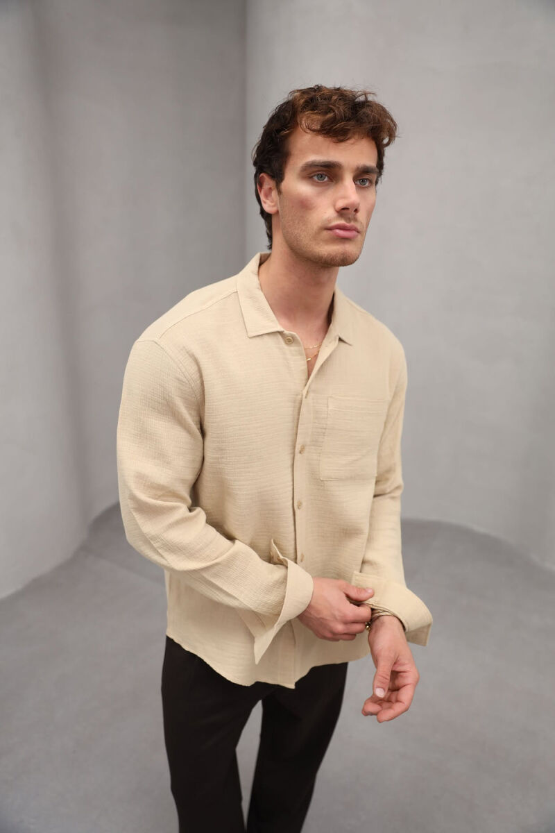 ONE COLOR SINGLE POCKET MEN SHIRT BEIGE/BEZHE - 4
