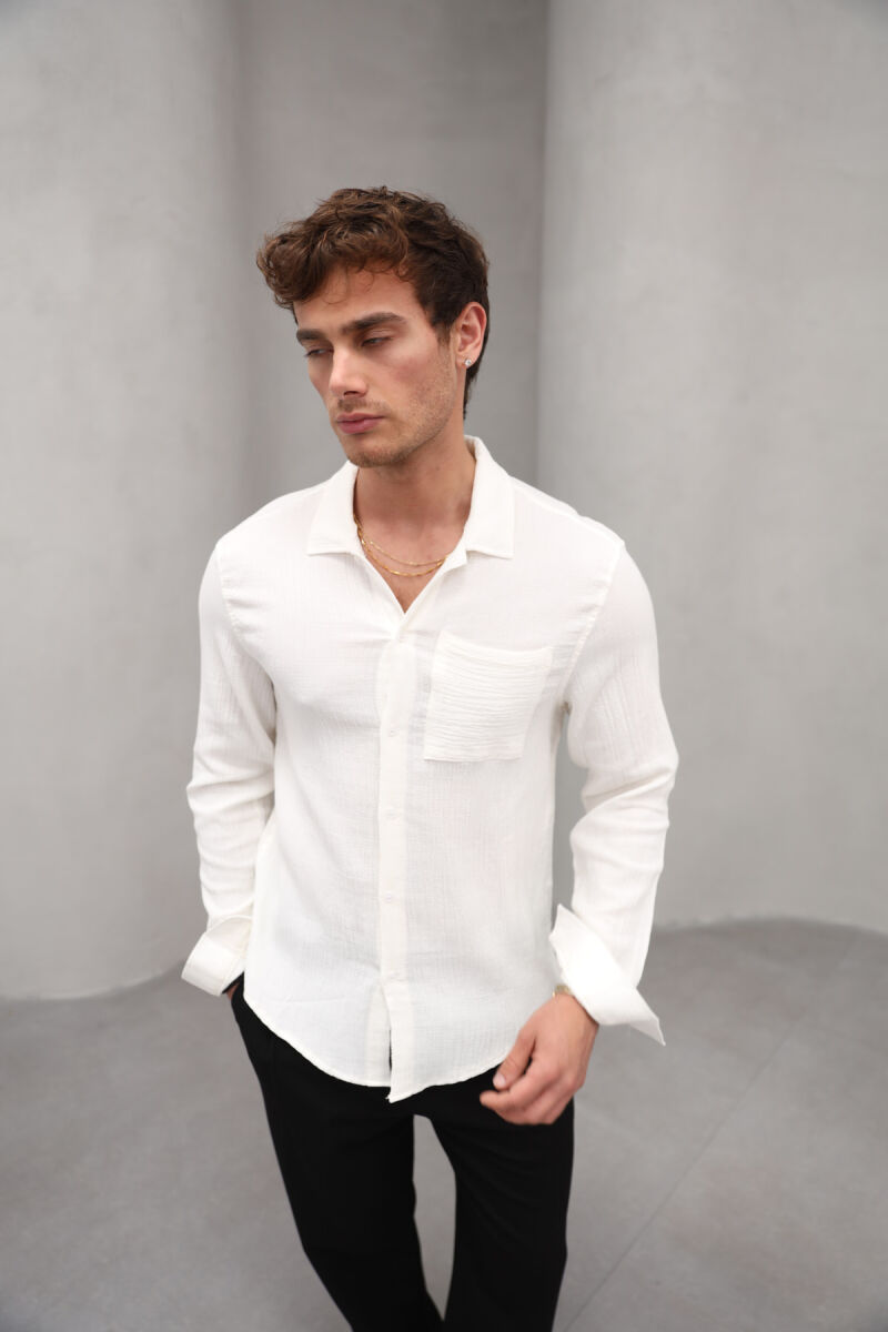 ONE COLOR SINGLE POCKET MEN SHIRT CREAM/KREM - 1