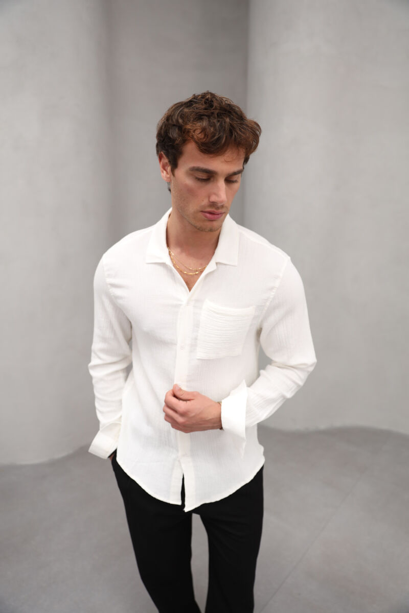 ONE COLOR SINGLE POCKET MEN SHIRT CREAM/KREM - 2