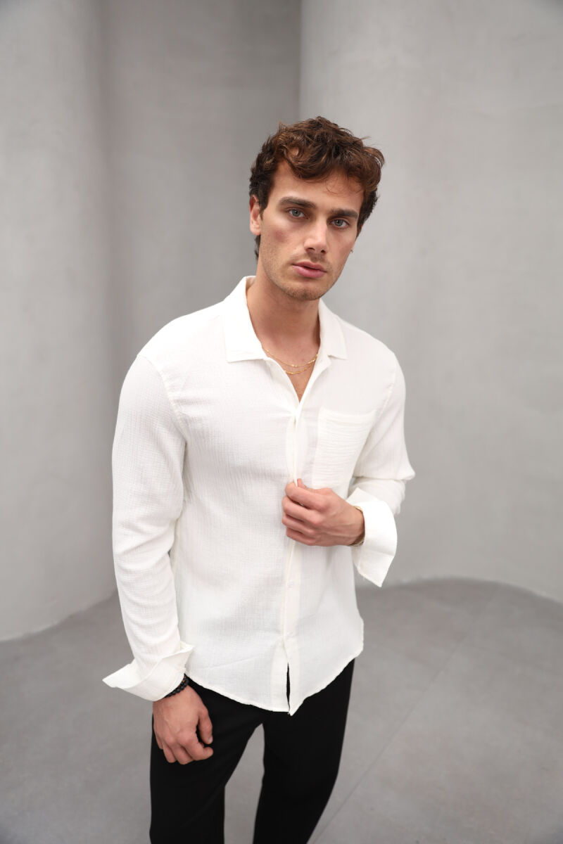 ONE COLOR SINGLE POCKET MEN SHIRT CREAM/KREM - 3