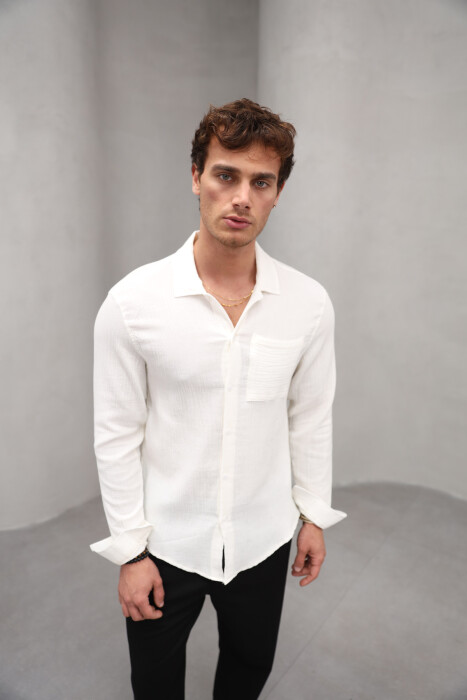 ONE COLOR SINGLE POCKET MEN SHIRT CREAM/KREM - 4