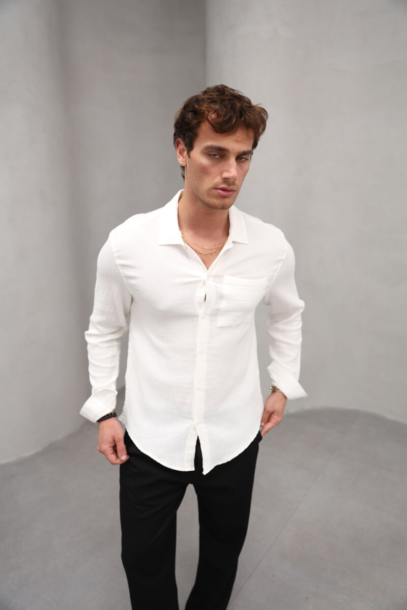 ONE COLOR SINGLE POCKET MEN SHIRT CREAM/KREM - 5