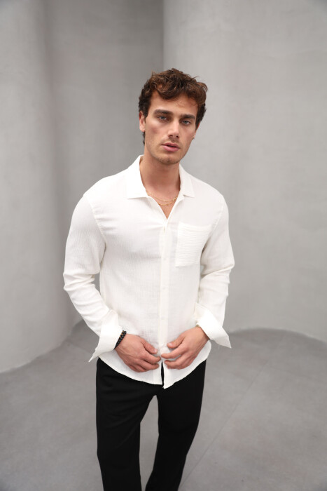 ONE COLOR SINGLE POCKET MEN SHIRT CREAM/KREM - 6