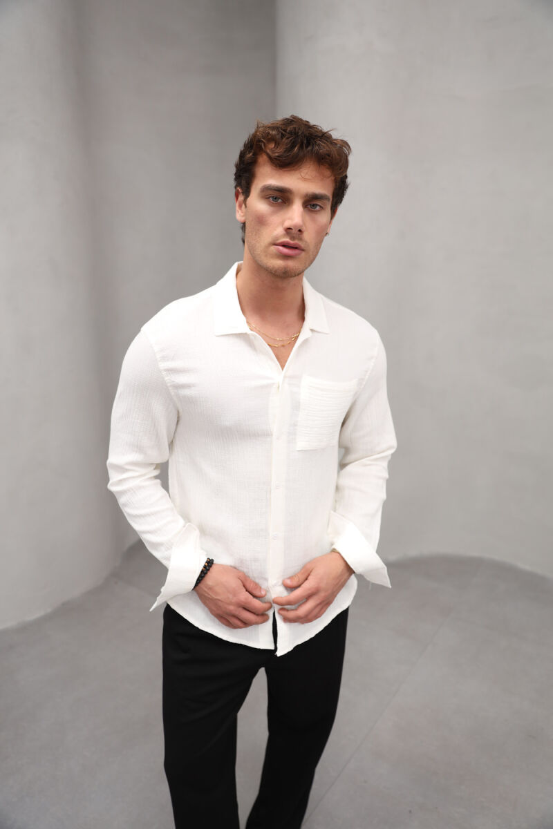 ONE COLOR SINGLE POCKET MEN SHIRT CREAM/KREM - 6