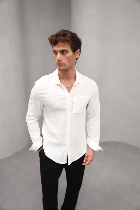 ONE COLOR SINGLE POCKET MEN SHIRT CREAM/KREM - 7