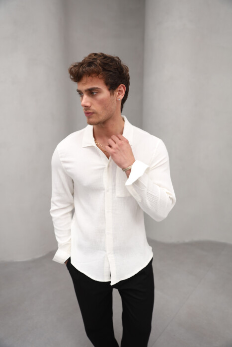 ONE COLOR SINGLE POCKET MEN SHIRT CREAM/KREM - 8