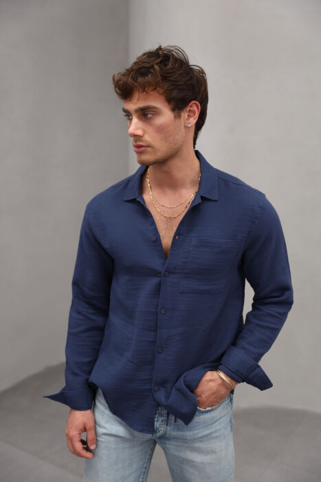ONE COLOR SINGLE POCKET MEN SHIRT DARK BLUE/BEE - 1