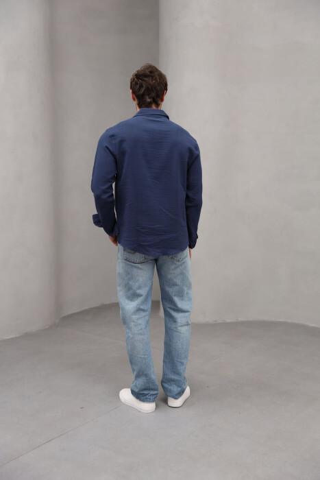 ONE COLOR SINGLE POCKET MEN SHIRT DARK BLUE/BEE - 2