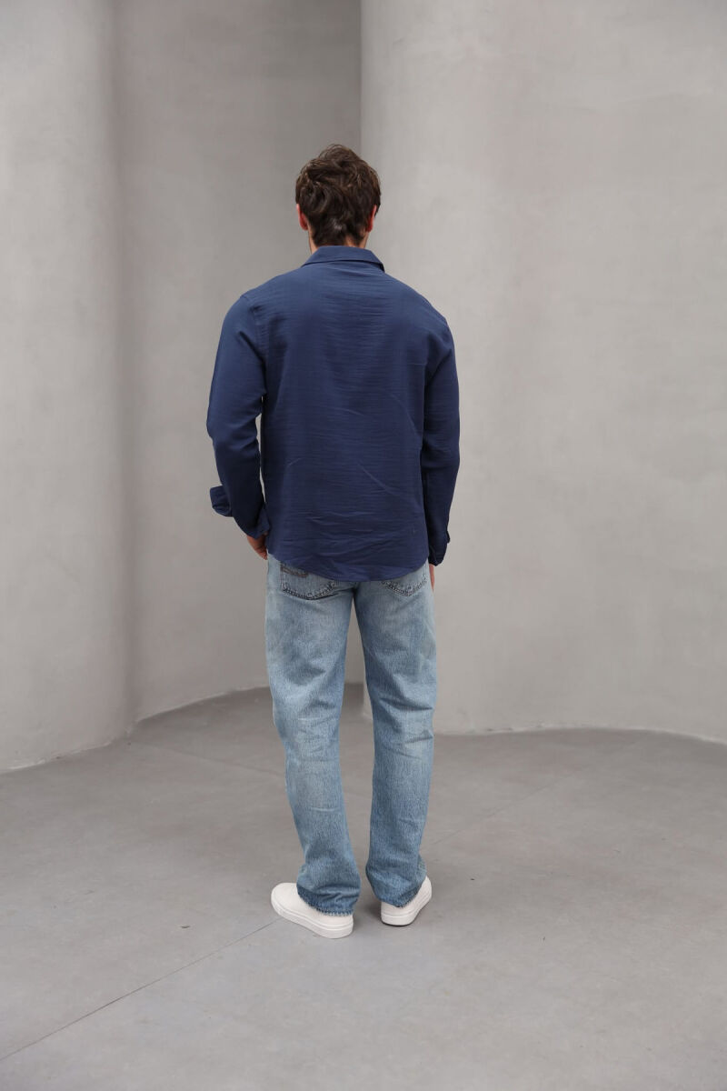 ONE COLOR SINGLE POCKET MEN SHIRT DARK BLUE/BEE - 2