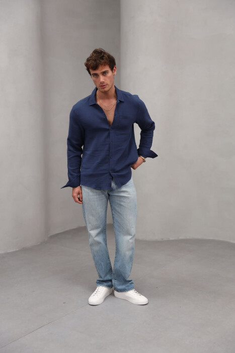 ONE COLOR SINGLE POCKET MEN SHIRT DARK BLUE/BEE - 3