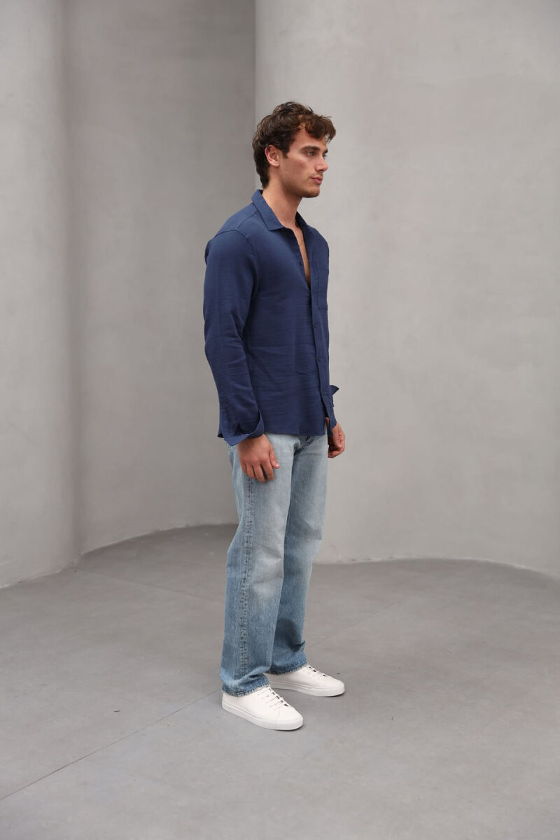 ONE COLOR SINGLE POCKET MEN SHIRT DARK BLUE/BEE - 4