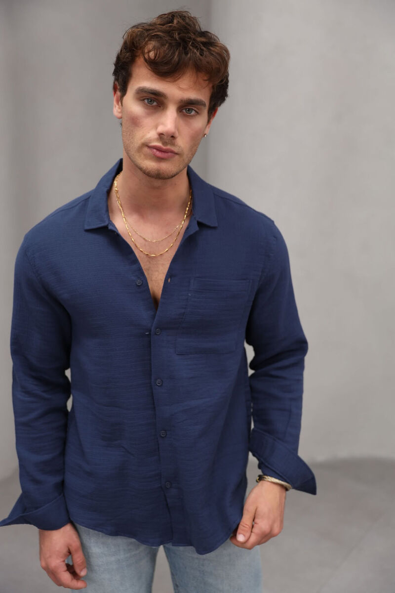 ONE COLOR SINGLE POCKET MEN SHIRT DARK BLUE/BEE - 5