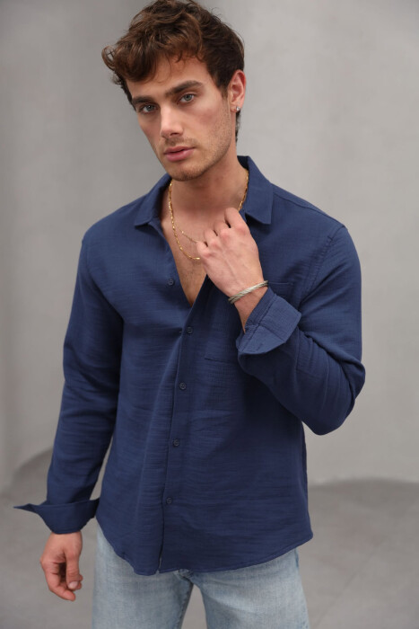 ONE COLOR SINGLE POCKET MEN SHIRT DARK BLUE/BEE - 6