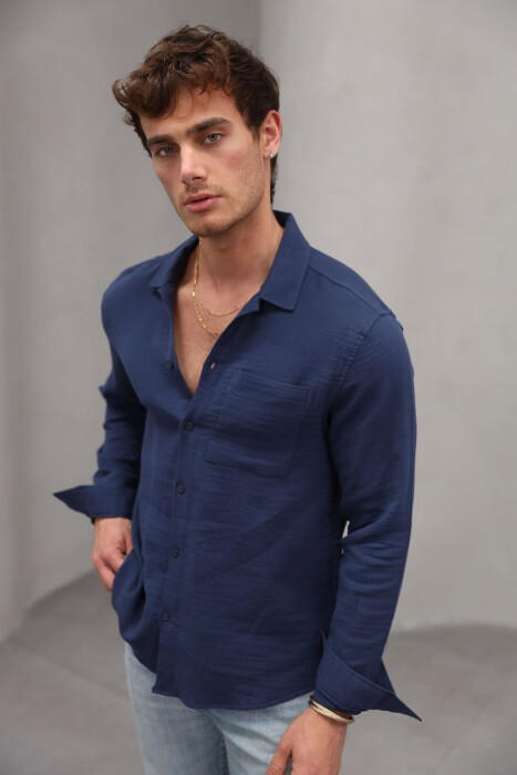ONE COLOR SINGLE POCKET MEN SHIRT DARK BLUE/BEE - 7