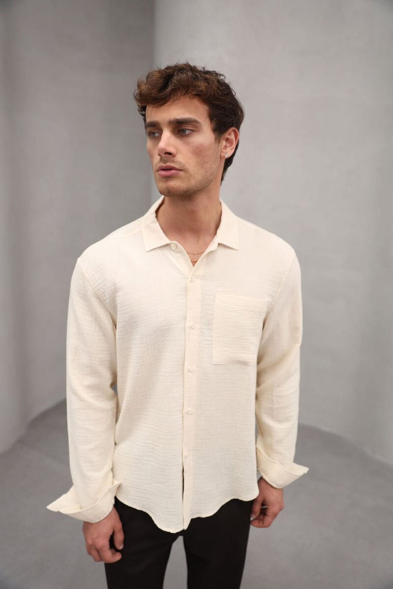 ONE COLOR SINGLE POCKET MEN SHIRT LIGHT BEIGE/BZHZB - 1