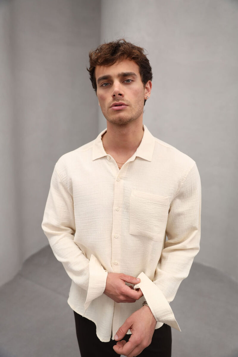 ONE COLOR SINGLE POCKET MEN SHIRT LIGHT BEIGE/BZHZB - 2