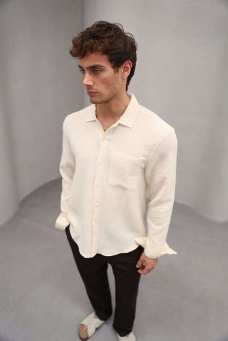 ONE COLOR SINGLE POCKET MEN SHIRT LIGHT BEIGE/BZHZB - 3