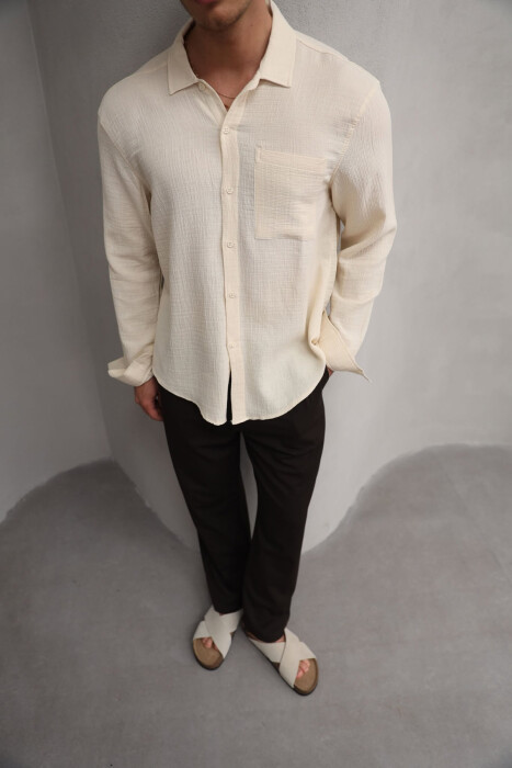 ONE COLOR SINGLE POCKET MEN SHIRT LIGHT BEIGE/BZHZB - 6