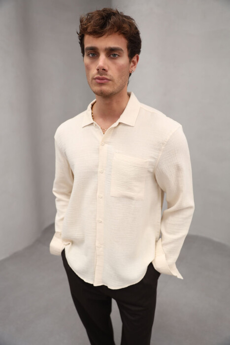 ONE COLOR SINGLE POCKET MEN SHIRT LIGHT BEIGE/BZHZB - 7