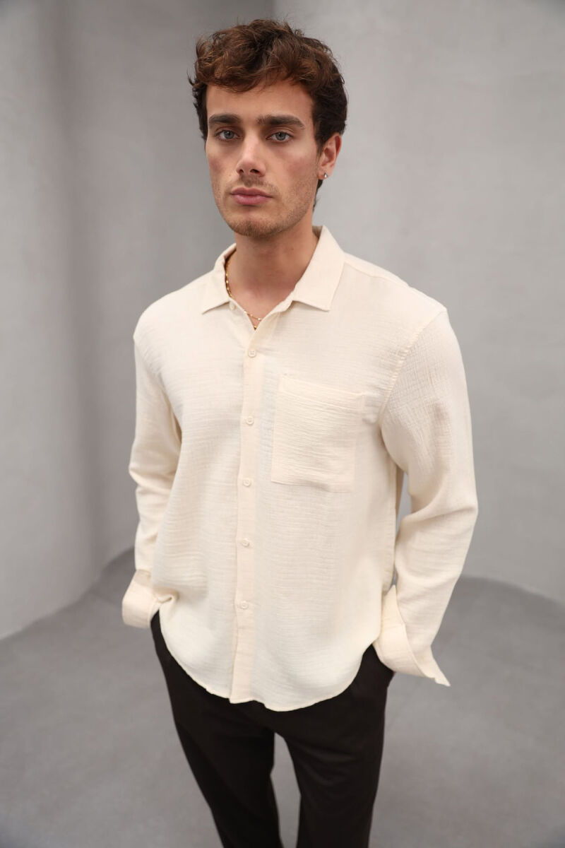 ONE COLOR SINGLE POCKET MEN SHIRT LIGHT BEIGE/BZHZB - 7