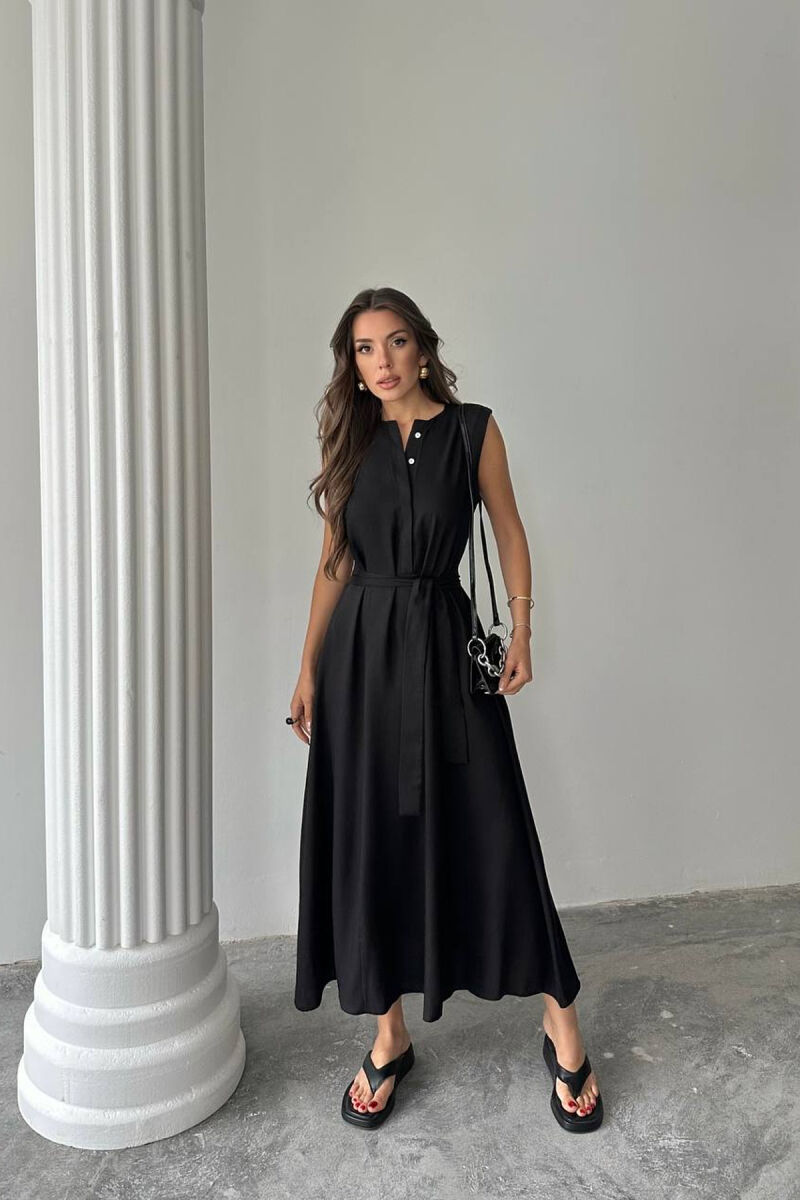 ONE COLOR SLEEVELESS BELT DETAIL WOMAN DRESS BLACK/ E ZEZE - 1