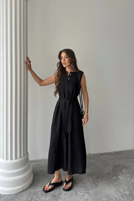 ONE COLOR SLEEVELESS BELT DETAIL WOMAN DRESS BLACK/ E ZEZE - 2