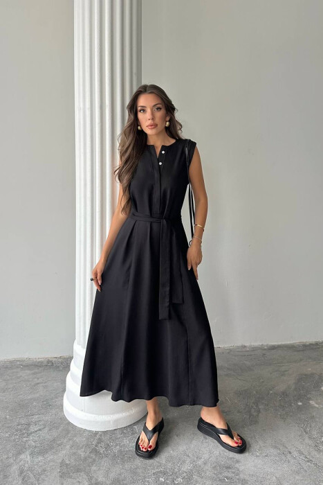 ONE COLOR SLEEVELESS BELT DETAIL WOMAN DRESS BLACK/ E ZEZE - 3