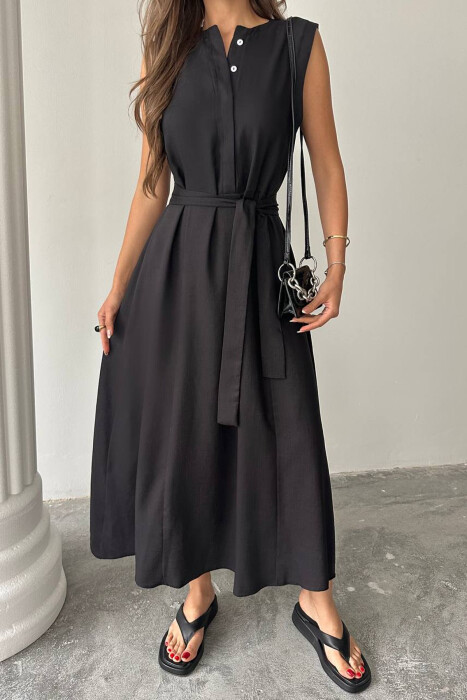 ONE COLOR SLEEVELESS BELT DETAIL WOMAN DRESS BLACK/ E ZEZE - 4