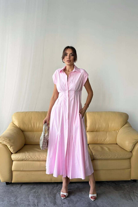 ONE COLOR SLEEVELESS BUTTONED WOMAN DRESS BABY PINK/ROZB - 1